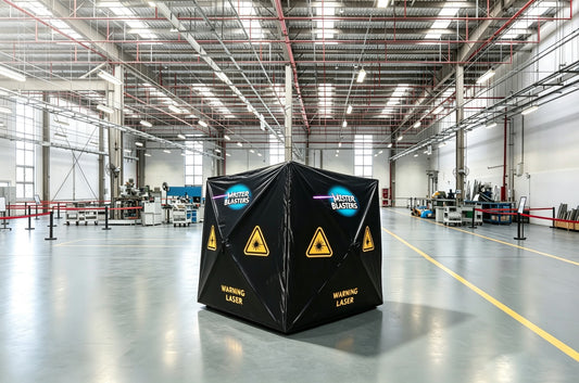Master Blasters laser protective curtains arranged in a warehouse as a setup reference; frame and mounting hardware not included.