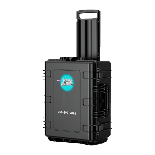 Master Blasters portable pulsed laser cleaning machine in a black wheeled case with telescoping handle, on a transparent background