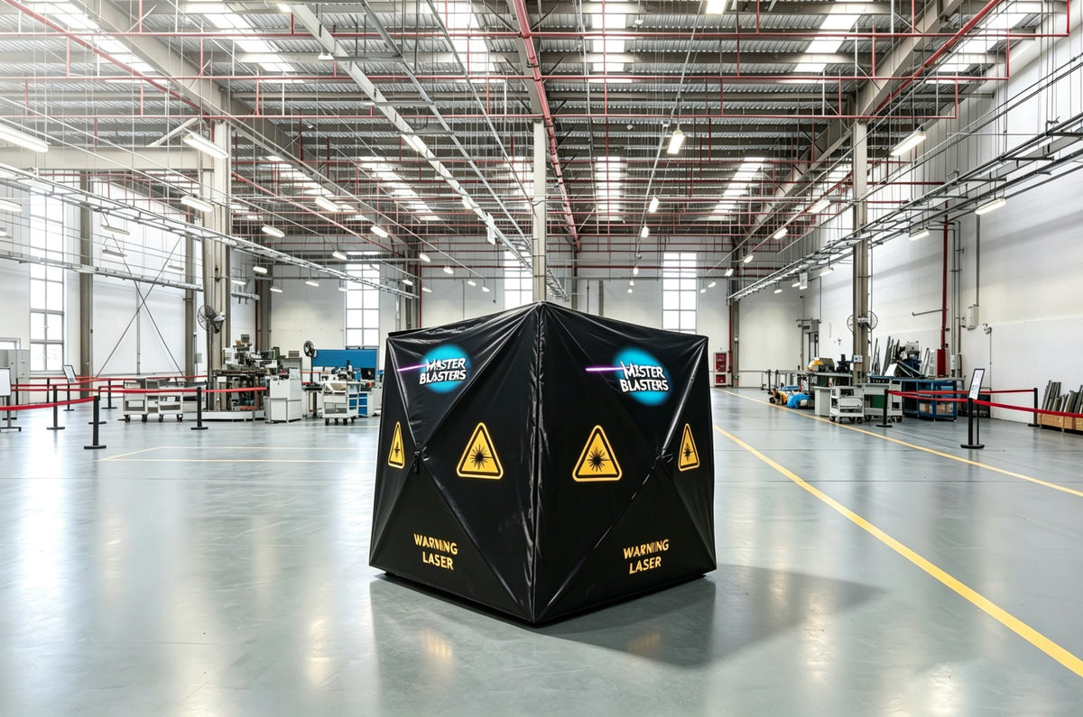 Master Blasters laser protective curtains arranged in a warehouse as a setup reference; frame and mounting hardware not included.