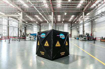 Master Blasters laser protective curtains arranged in a warehouse as a setup reference; frame and mounting hardware not included.