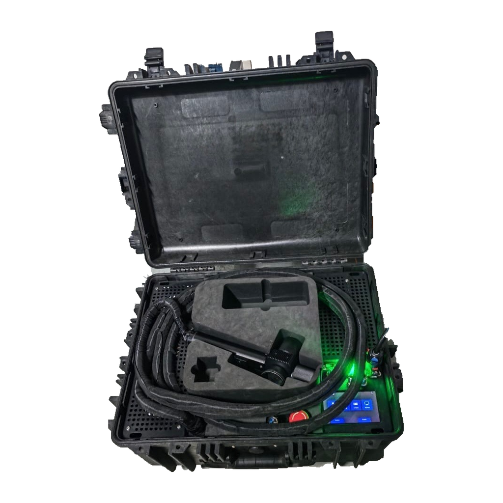 Open Master Blasters portable pulsed laser cleaning case showing the cleaning head, coiled fiber cable, and illuminated controls