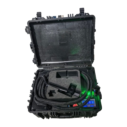 Open Master Blasters portable pulsed laser cleaning case showing the cleaning head, coiled fiber cable, and illuminated controls