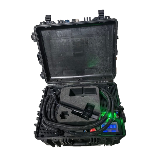 Open Master Blasters portable pulsed laser cleaning case showing the cleaning head, coiled fiber cable, and illuminated controls