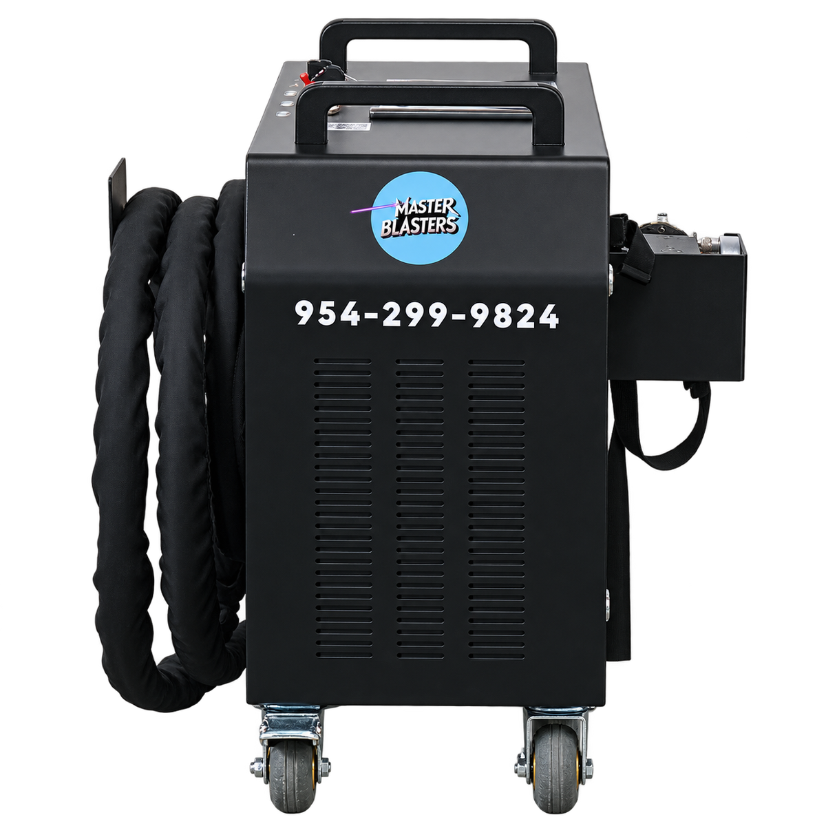Master Blasters Laser 300W pulsed laser cleaning machine with coiled fiber cable on a transparent background