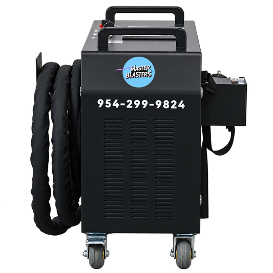 Master Blasters Laser 300W pulsed laser cleaning machine with coiled fiber cable on a transparent background