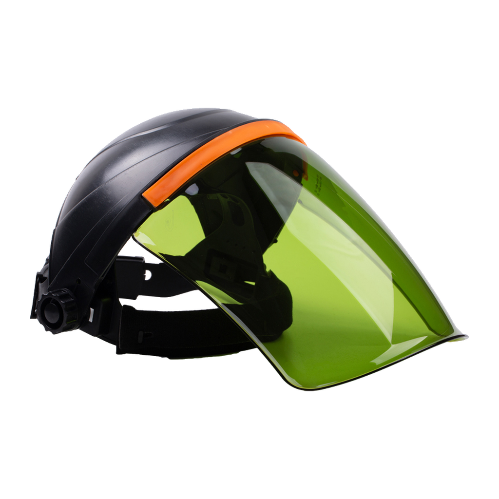 Head-mounted face shield with a curved green-tinted visor, black brow guard and headband, orange upper trim, and side attachment knobs, on a transparent background