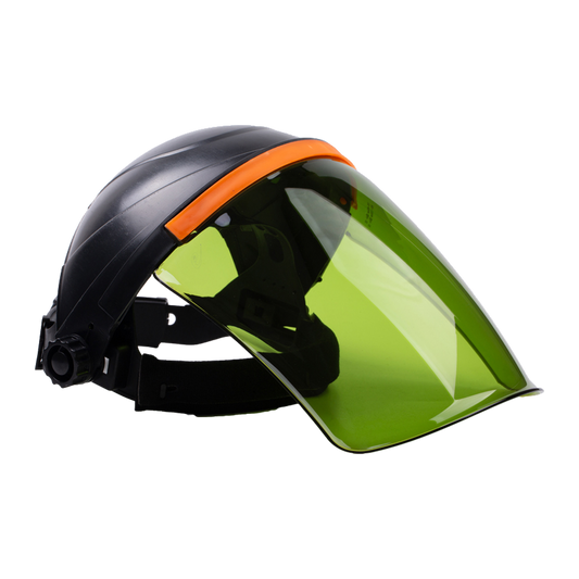 Head-mounted face shield with a curved green-tinted visor, black brow guard and headband, orange upper trim, and side attachment knobs, on a transparent background